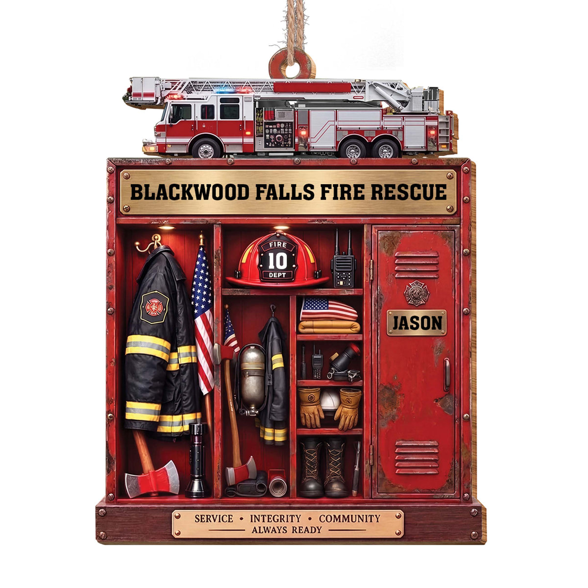 Personalized Firefighter Locker & Fire Truck Christmas Ornament – Custom Shaped Wood Ornament with Name, Firefighter Gift - FIF001_WDO