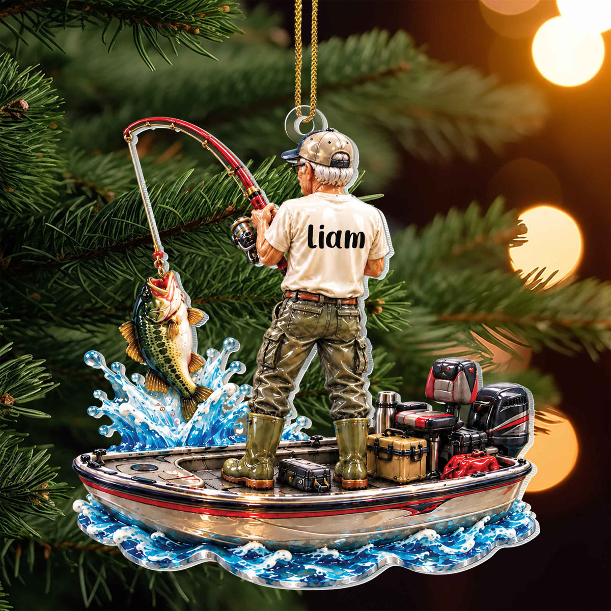 Personalized Fisherman Catching Bass Acrylic Ornament – Custom Name Christmas Tree Holiday Keepsake, Fishing Lover Gift - XMAS023_ACO