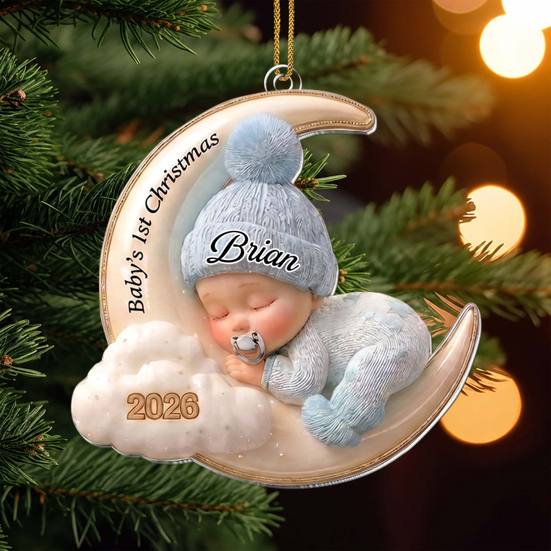 Personalized Baby's 1st Christmas Acrylic Ornament – Custom Name Blue Moon and Cloud Christmas Tree Keepsake, Baby Boy Holiday Gift - XMAS011_ACO