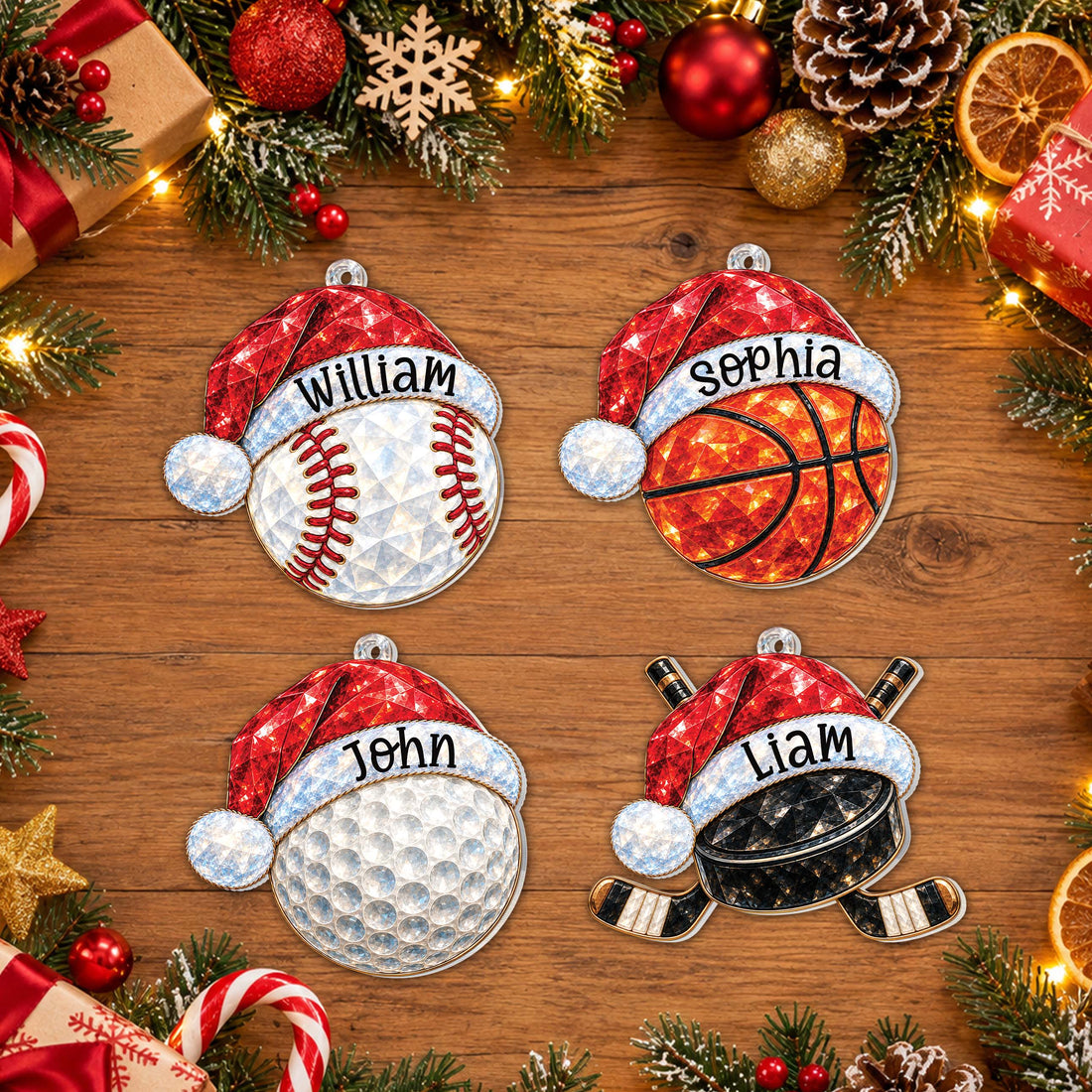 Personalized Sports Ball & Equipment Santa Hat Acrylic Ornament – Custom Name Christmas Tree Holiday Keepsake, Festive Sports Gift - SPT002_ACO