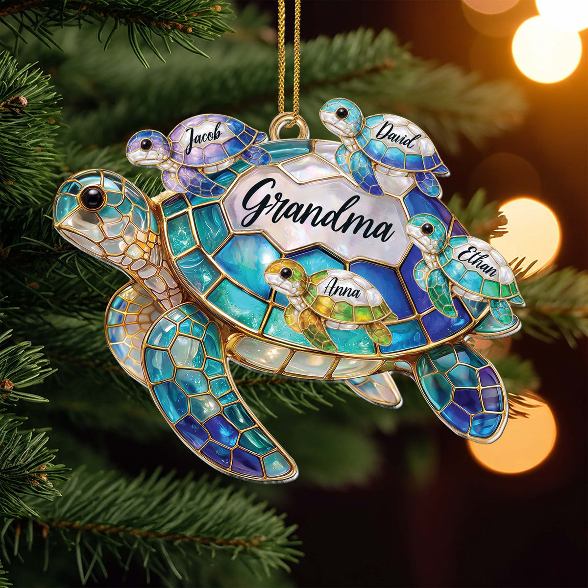 Personalized Grandma Sea Turtle Ornament With Grandkids’ Names - Custom Acrylic Christmas Ornament, Stained Glass-Inspired Turtle Family Gift for Grandma - FAM002_ACO