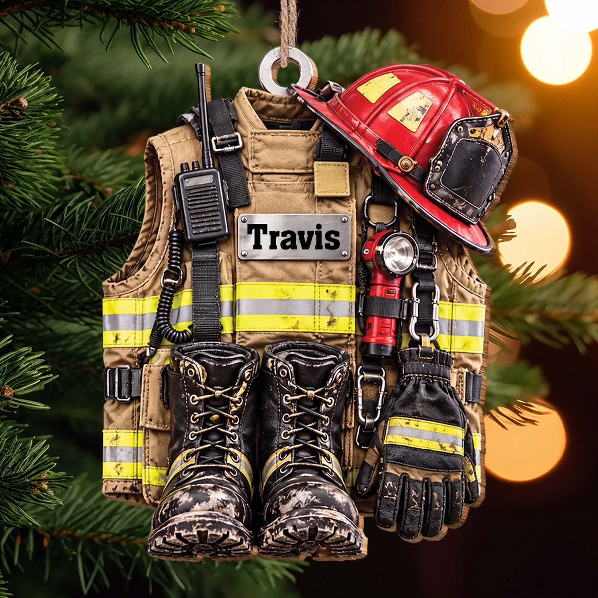 Personalized Firefighter Gear Wooden Ornament – Custom Name Firefighter Christmas Tree Decoration, Holiday Gift for Firefighter - FIF002_WDO