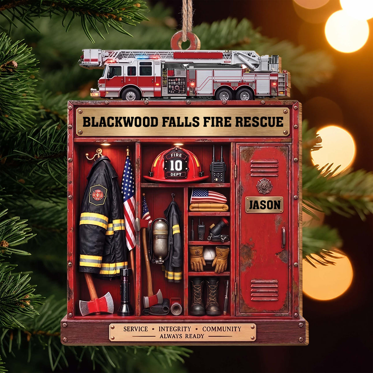 Personalized Firefighter Locker & Fire Truck Christmas Ornament – Custom Shaped Wood Ornament with Name, Firefighter Gift - FIF001_WDO