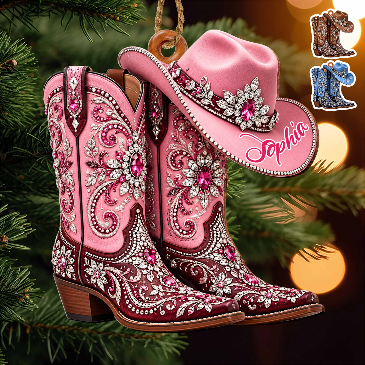 Personalized Pink Cowgirl Boots & Hat Ornament – Custom Western Christmas Ornament, Rhinestone Cowboy Gift for Her – FAM003_WDO