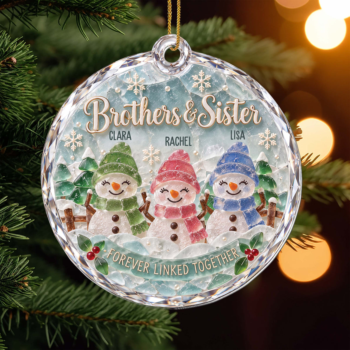 Personalized Sibling Snowman Ornament With Names - Custom Sea Glass-Inspired Acrylic Christmas Ornament, Forever Linked Together Gift for Brothers & Sisters - FAM005_ACO