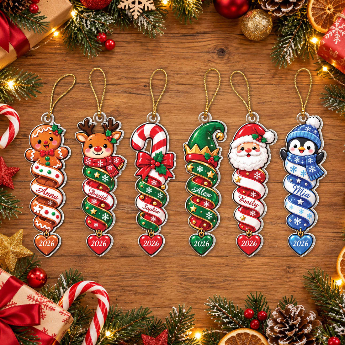 Personalized Christmas Ornament with Name – Santa, Gingerbread & Penguin Spiral Designs – Custom Acrylic Ornament, Christmas Gift for Kids - XMAS003_ACO