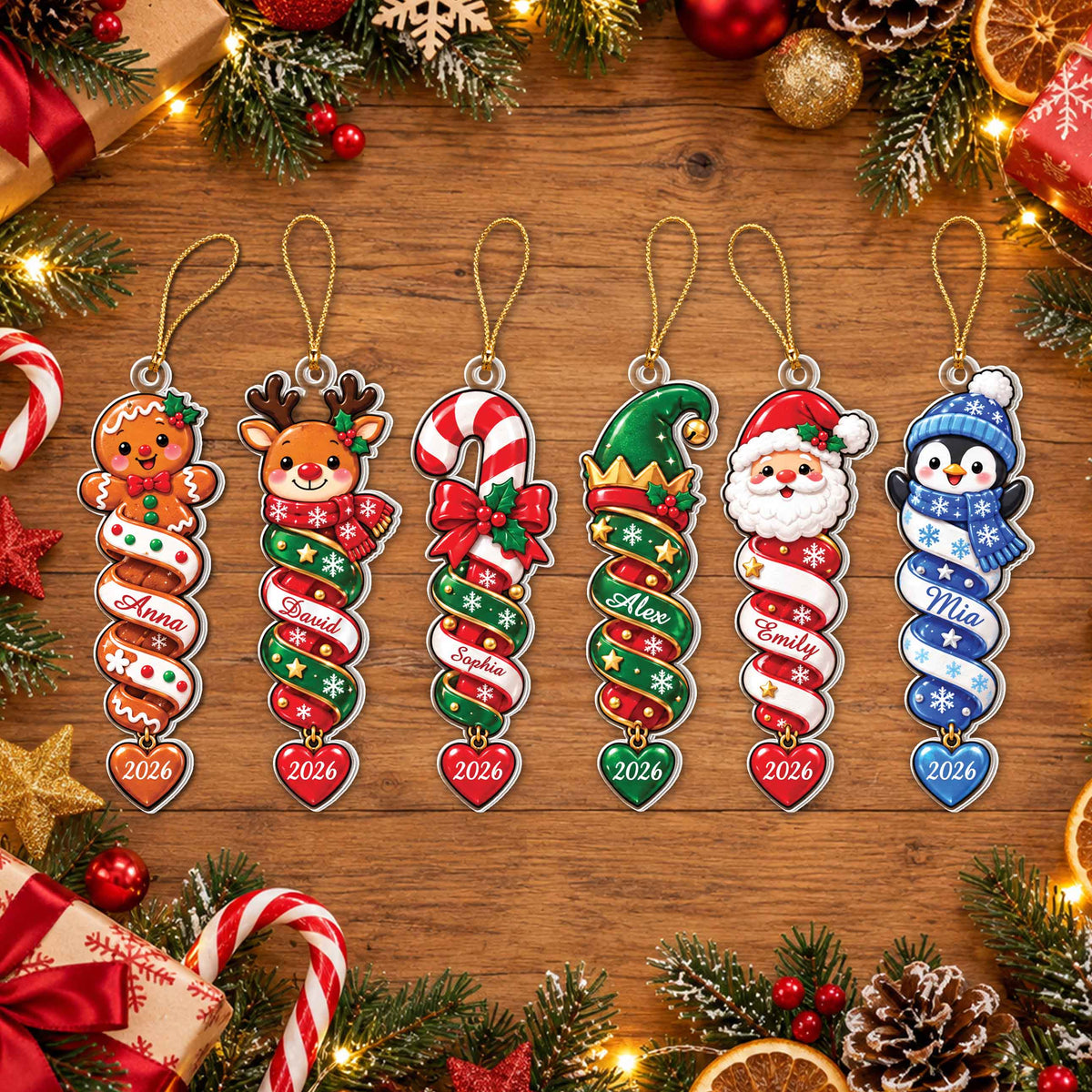 Personalized Christmas Ornament with Name – Santa, Gingerbread & Penguin Spiral Designs – Custom Acrylic Ornament, Christmas Gift for Kids - XMAS003_ACO
