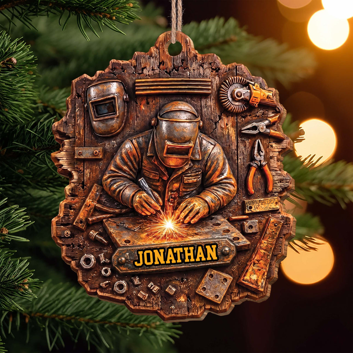 Personalized Welder Ornament With Name & Workshop Tools - Custom Rustic Wood Christmas Ornament, Welding Gift for Him - JBS007_WDO