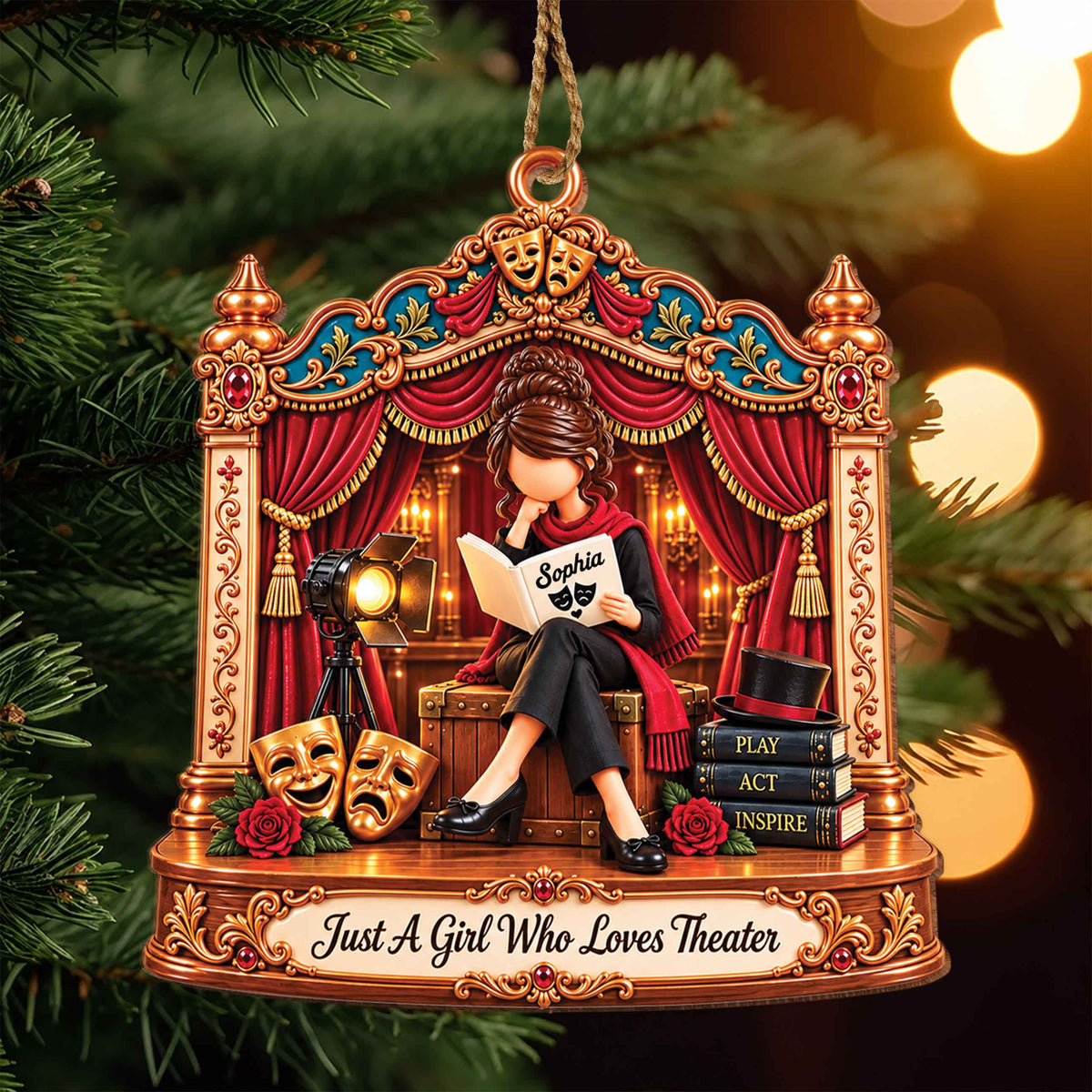 Personalized Theater Girl Wooden Ornament – Custom Name Drama Club Christmas Tree Decor, Unique Gift For Actress And Theater Lovers - HOB003_WDO
