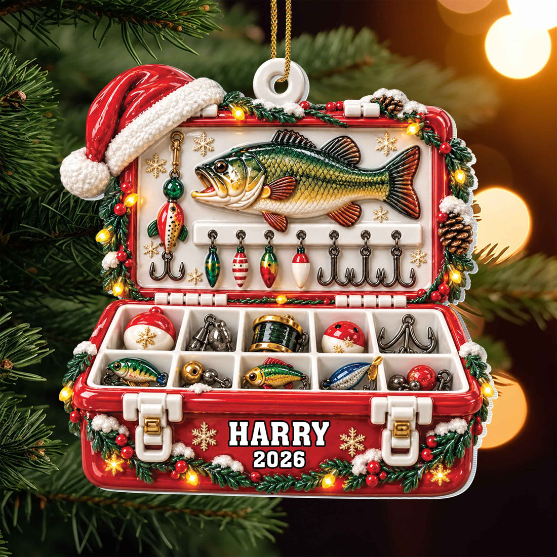 Personalized Fishing Tackle Box Custom Wood Ornament – Unique Christmas Tree Decoration, Custom Name Holiday Gift for Fisherman - XMAS022_WDO