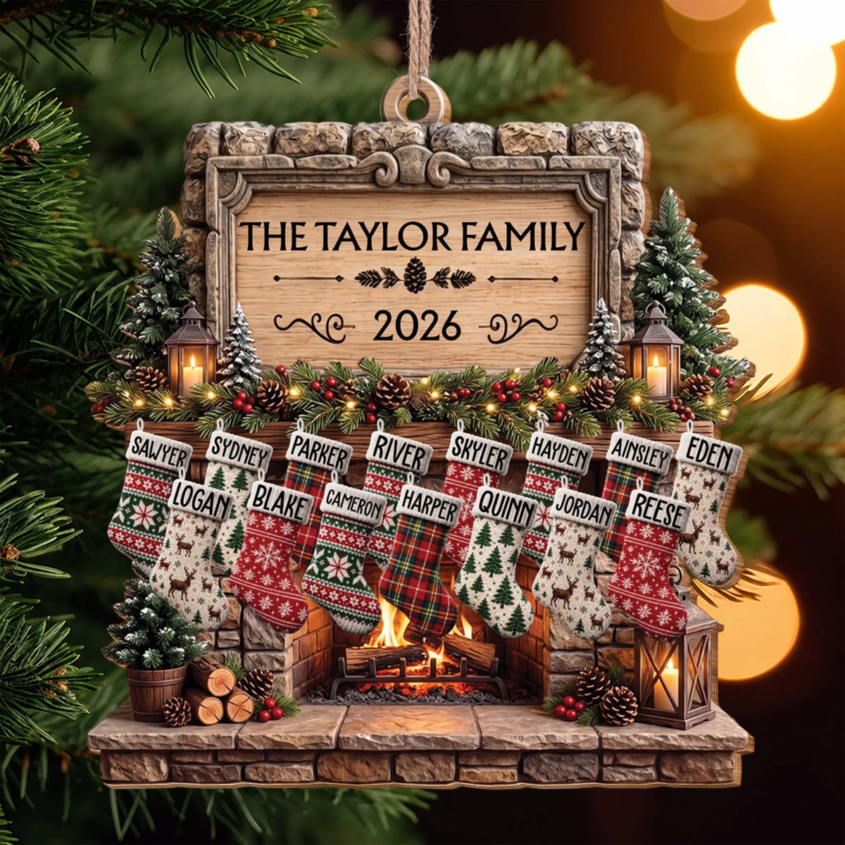 Personalized Family Fireplace Wooden Ornament – Custom Christmas Tree Decor with Stockings and Names, Festive Holiday Gift - FAM009_WDO