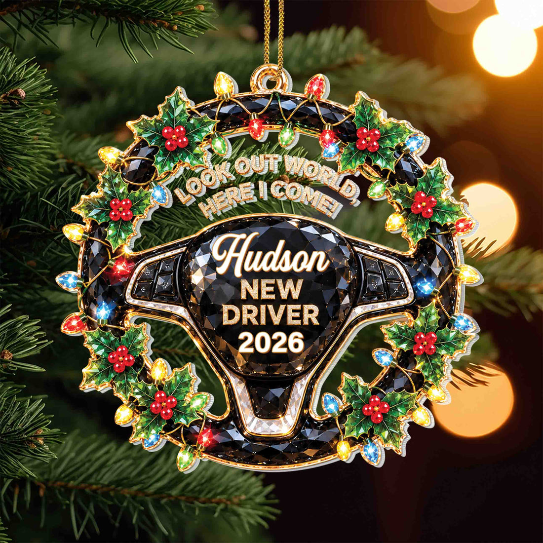 Personalized New Driver Christmas Ornament with Name & Year – Steering Wheel Acrylic Ornament – Christmas Gift for Teen Drivers - XMAS012_ACO