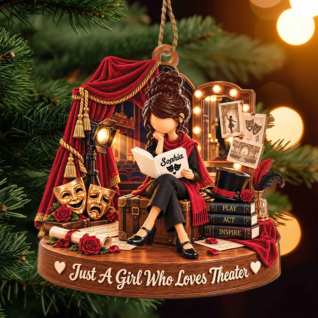 Personalized Theater Lover Wooden Ornament – Custom Name Drama Club Christmas Tree Keepsake, Festive Stage Gift for Actor, Actress & Theater Enthusiast - HOB002_WDO