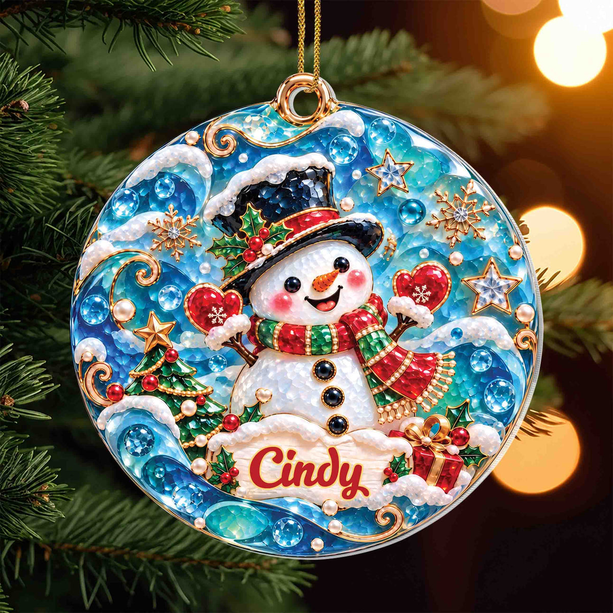 Personalized Snowman Christmas Ornament with Name – Blue Sea Glass-Inspired Acrylic Ornament – Christmas Gift for Kids - XMAS013_ACO
