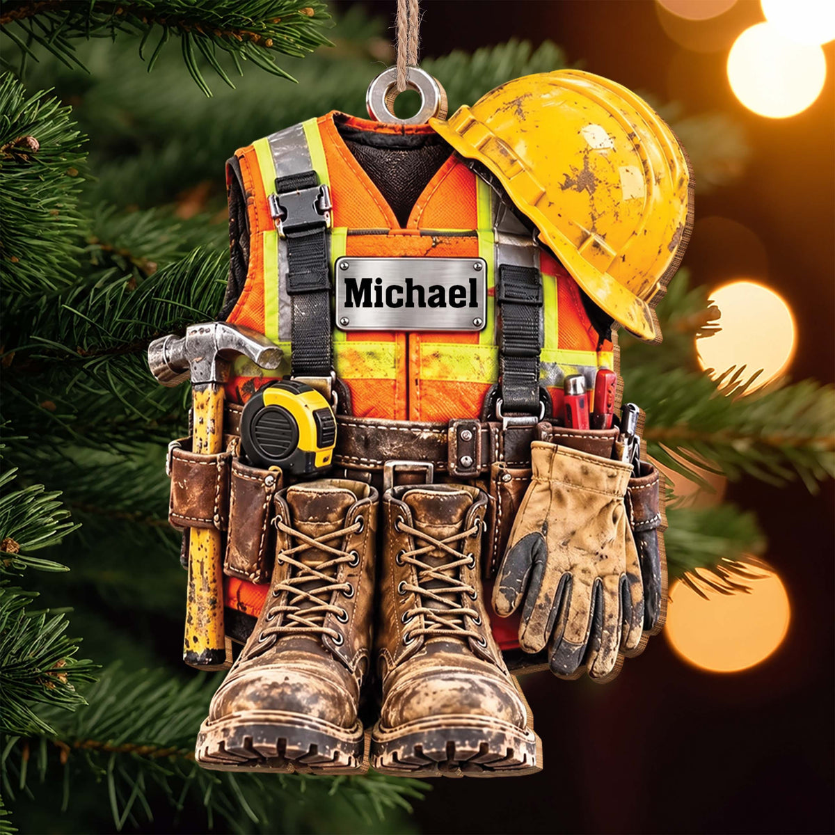 Personalized Construction Worker Wooden Ornament – Custom Name Hard Hat & Vest Christmas Tree Decor, Patriotic Christmas Gift For Handyman - JBS015_WDO
