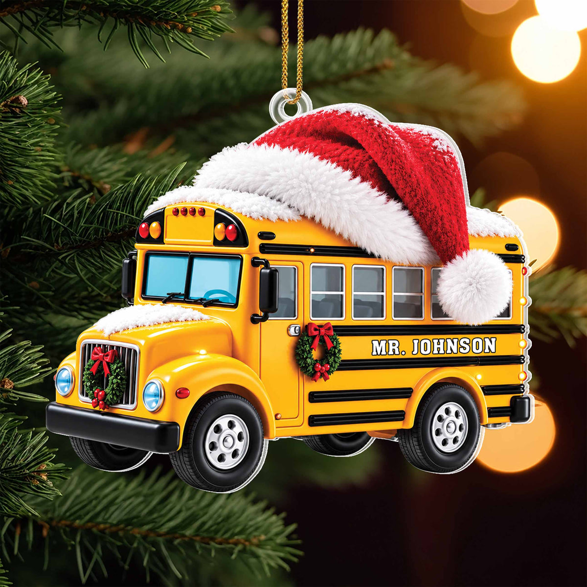 Personalized School Bus With Santa Hat & Christmas Wreath - White Acrylic Ornament - JBS004_ACO