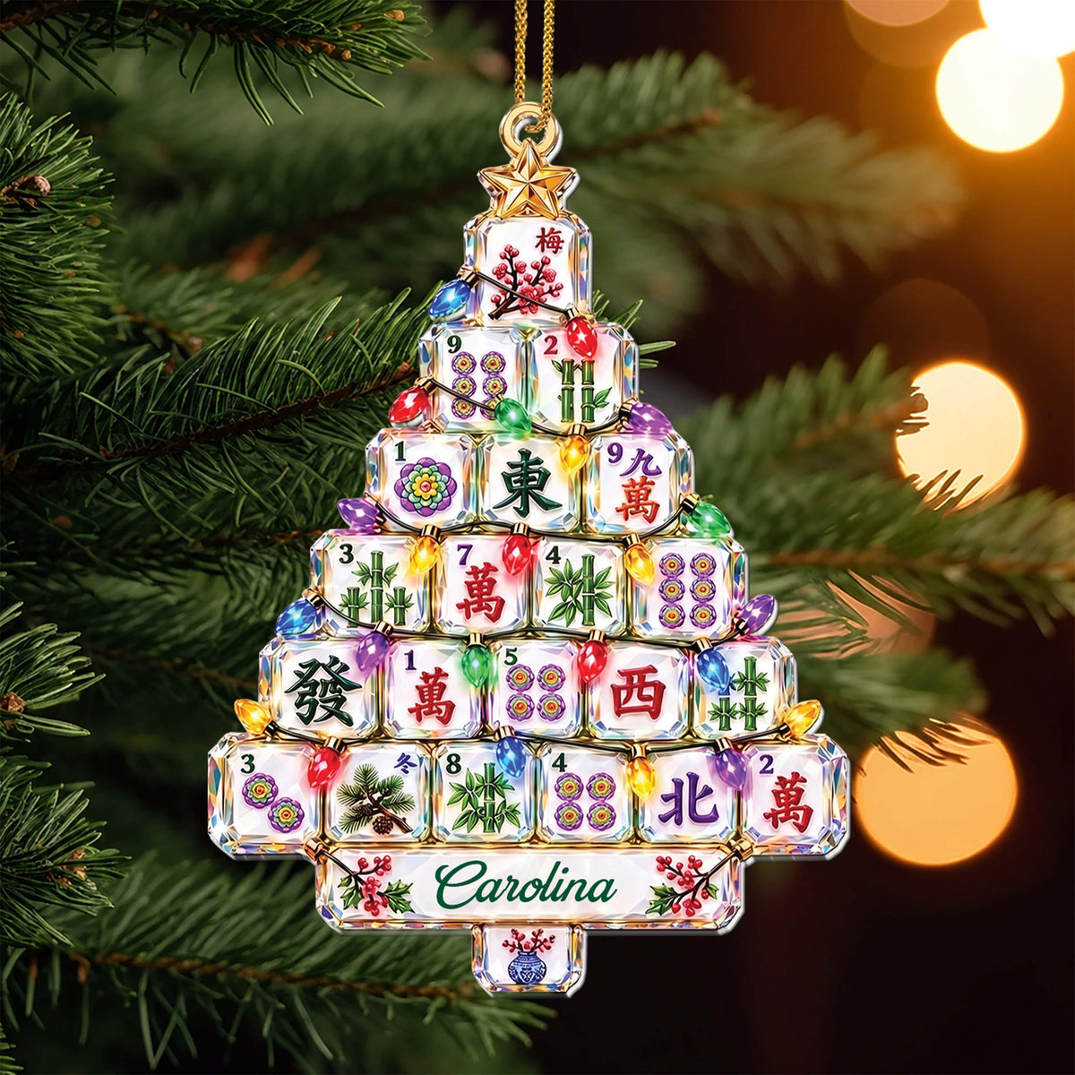Personalized Mahjong Christmas Tree-Shaped Acrylic Ornament – Custom Name, Mahjong Tiles & Pagoda Design, Gift for Mahjong Lovers - XMAS017_ACO