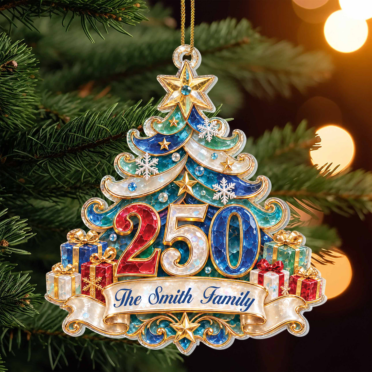 Personalized America’s 250th Anniversary Acrylic Ornament – Custom Family Name Christmas Tree, Patriotic Christmas Gift 2026 - FAM006_ACO
