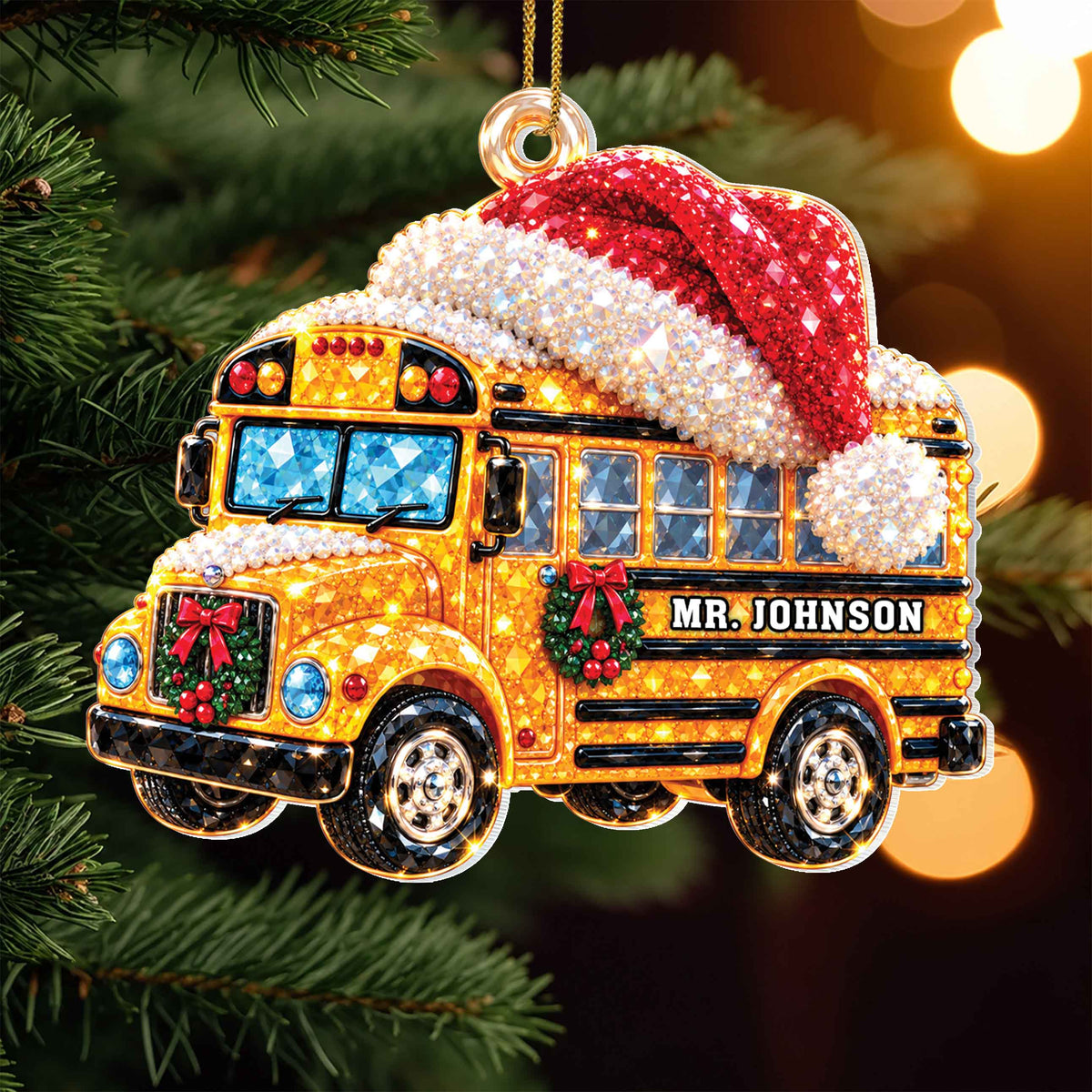 Personalized School Bus Christmas Ornament with Santa Hat & Crystal-Effect Design – White Acrylic Ornament, Bus Driver Gift – JBS005_ACO