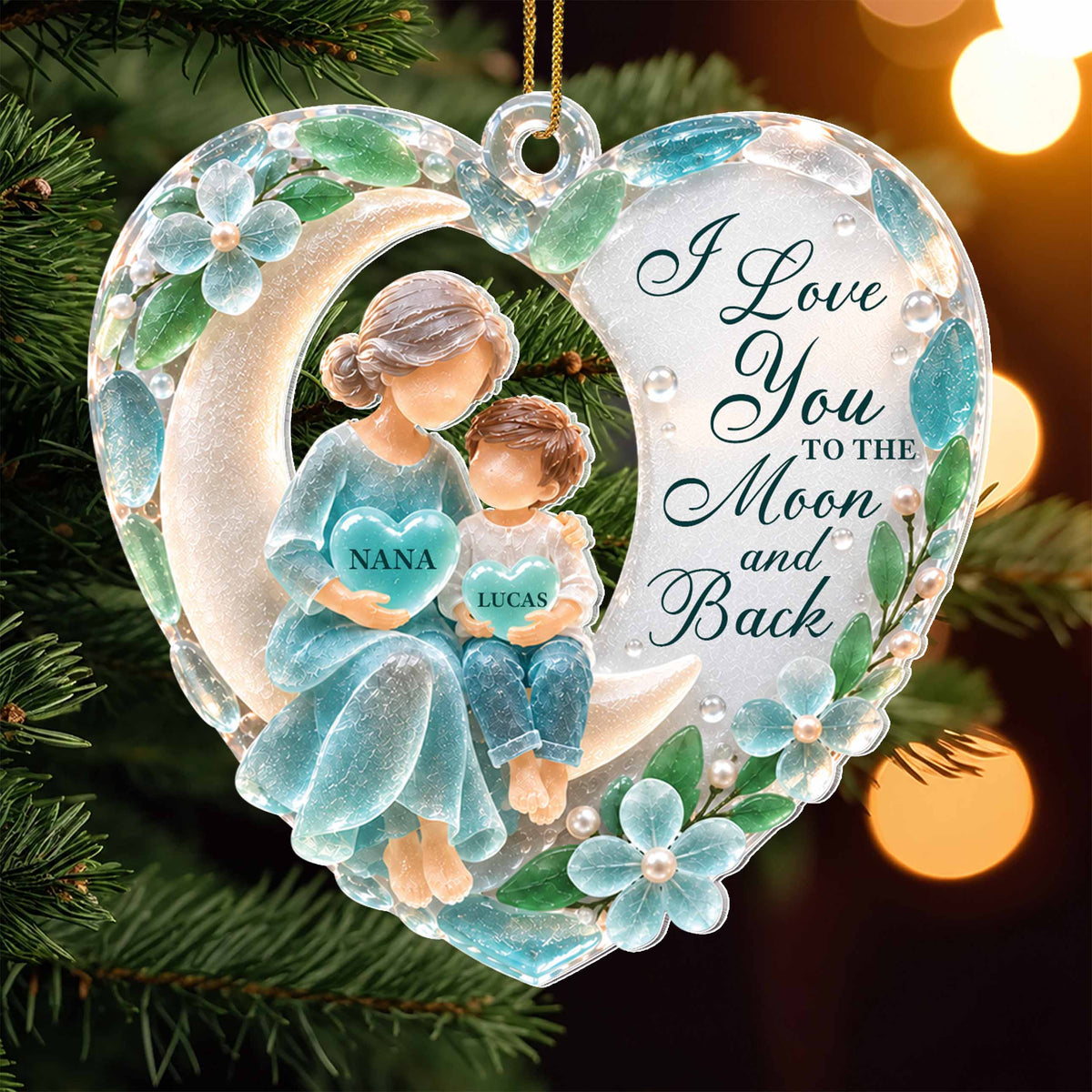 Nana & Grandson Moonlight Keepsake – Personalized Sea Glass Heart Acrylic Ornament, Christmas Gift – GRK002_ACO