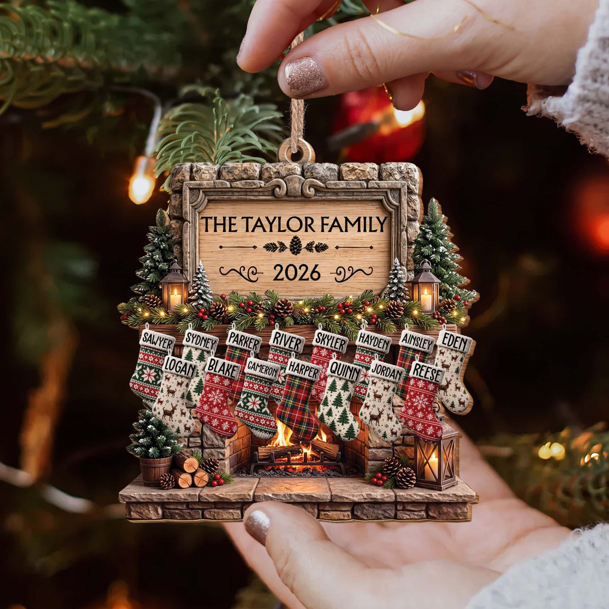 Personalized Family Fireplace Wooden Ornament – Custom Christmas Tree Decor with Stockings and Names, Festive Holiday Gift - FAM009_WDO