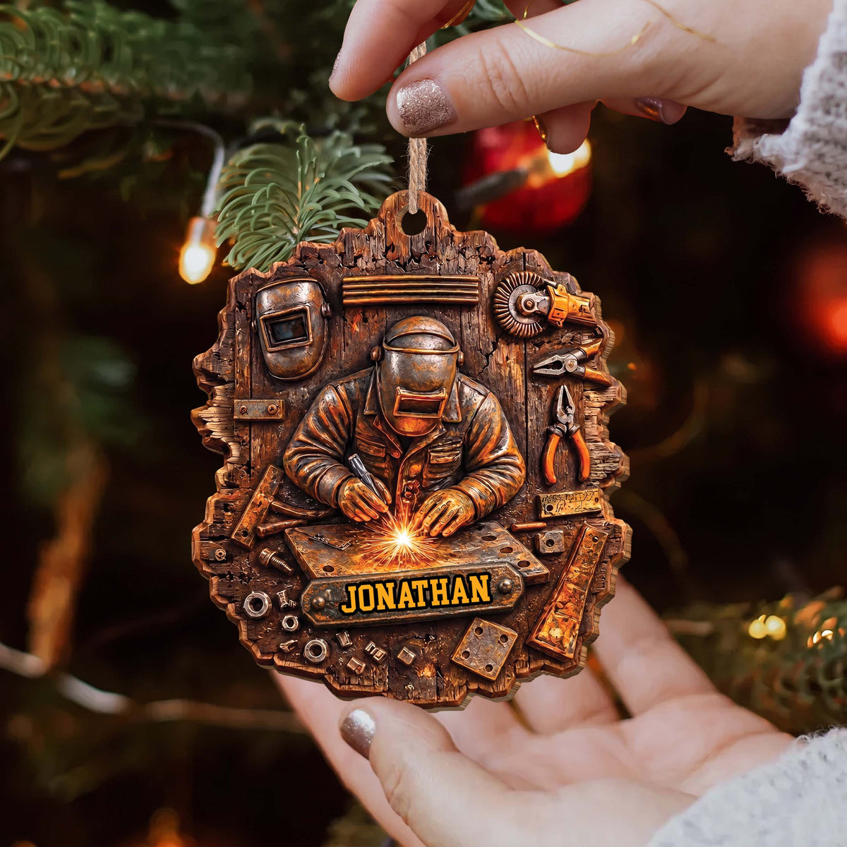 Personalized Welder Ornament With Name & Workshop Tools - Custom Rustic Wood Christmas Ornament, Welding Gift for Him - JBS007_WDO