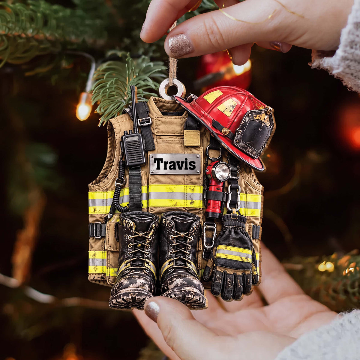Personalized Firefighter Gear Wooden Ornament – Custom Name Firefighter Christmas Tree Decoration, Holiday Gift for Firefighter - FIF002_WDO