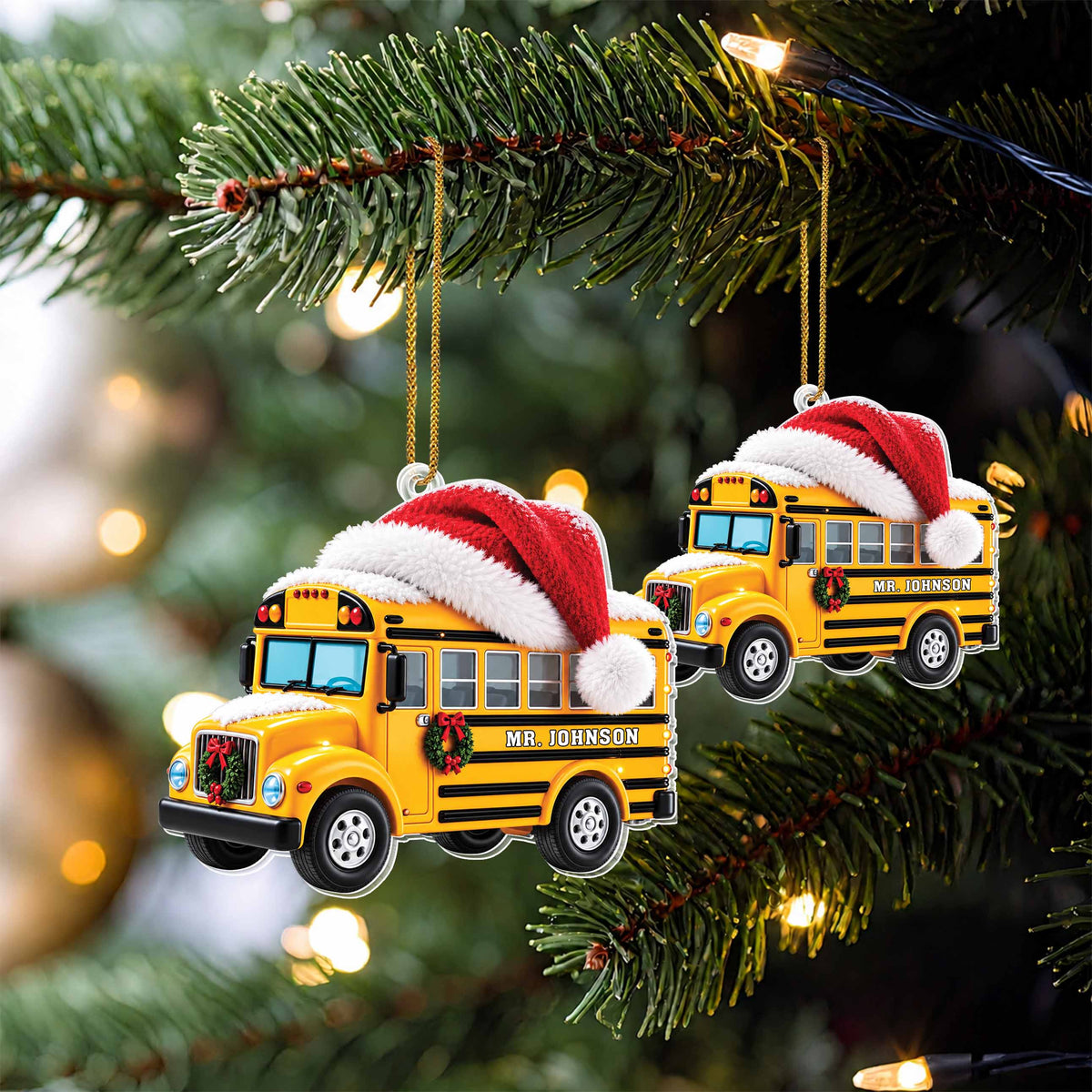 Personalized School Bus With Santa Hat & Christmas Wreath - White Acrylic Ornament - JBS004_ACO