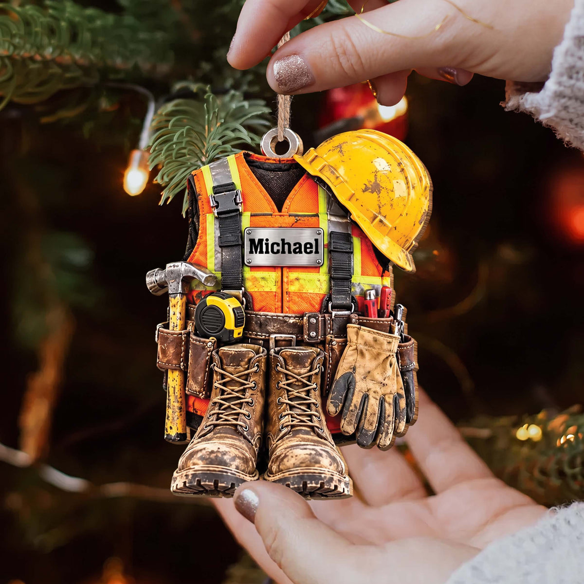 Personalized Construction Worker Wooden Ornament – Custom Name Hard Hat & Vest Christmas Tree Decor, Patriotic Christmas Gift For Handyman - JBS015_WDO