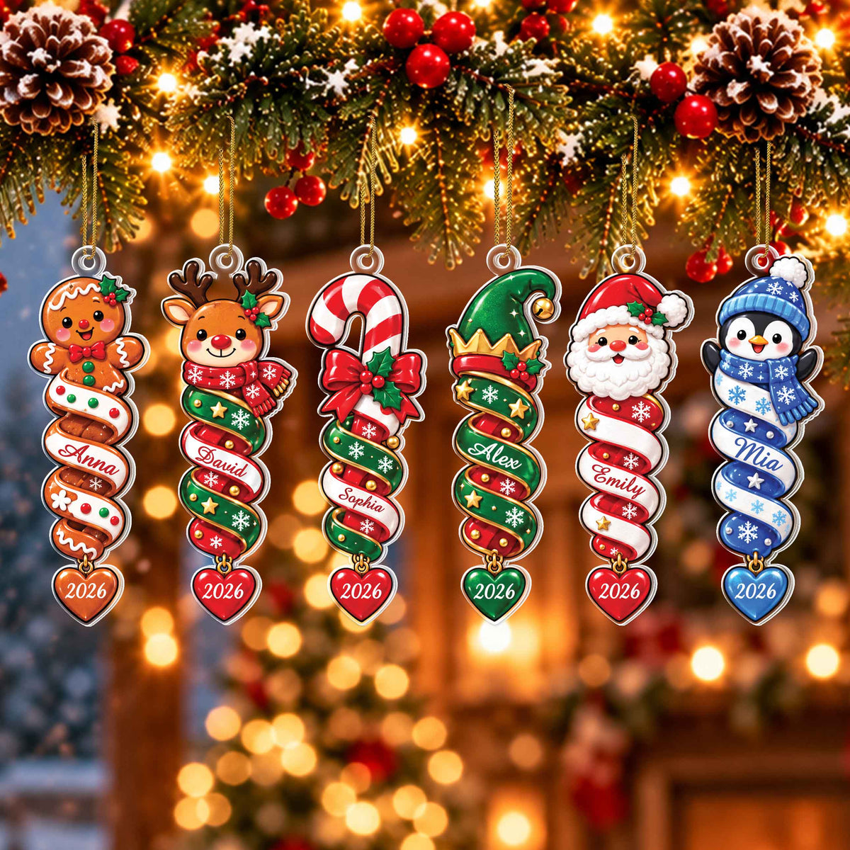 Personalized Christmas Ornament with Name – Santa, Gingerbread & Penguin Spiral Designs – Custom Acrylic Ornament, Christmas Gift for Kids - XMAS003_ACO