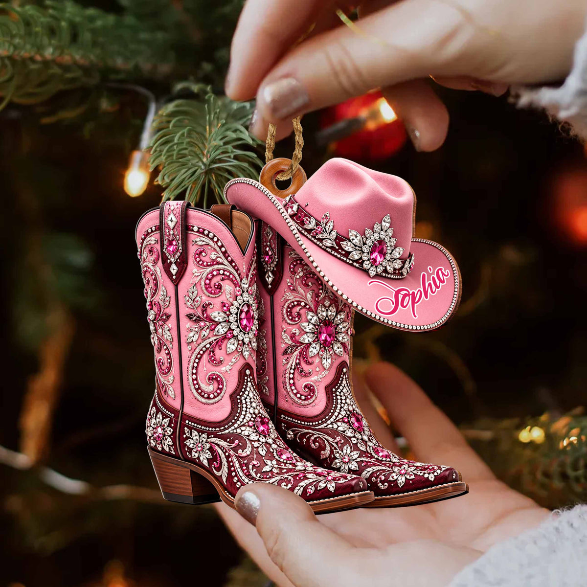 Personalized Pink Cowgirl Boots & Hat Ornament – Custom Western Christmas Ornament, Rhinestone Cowboy Gift for Her – FAM003_WDO