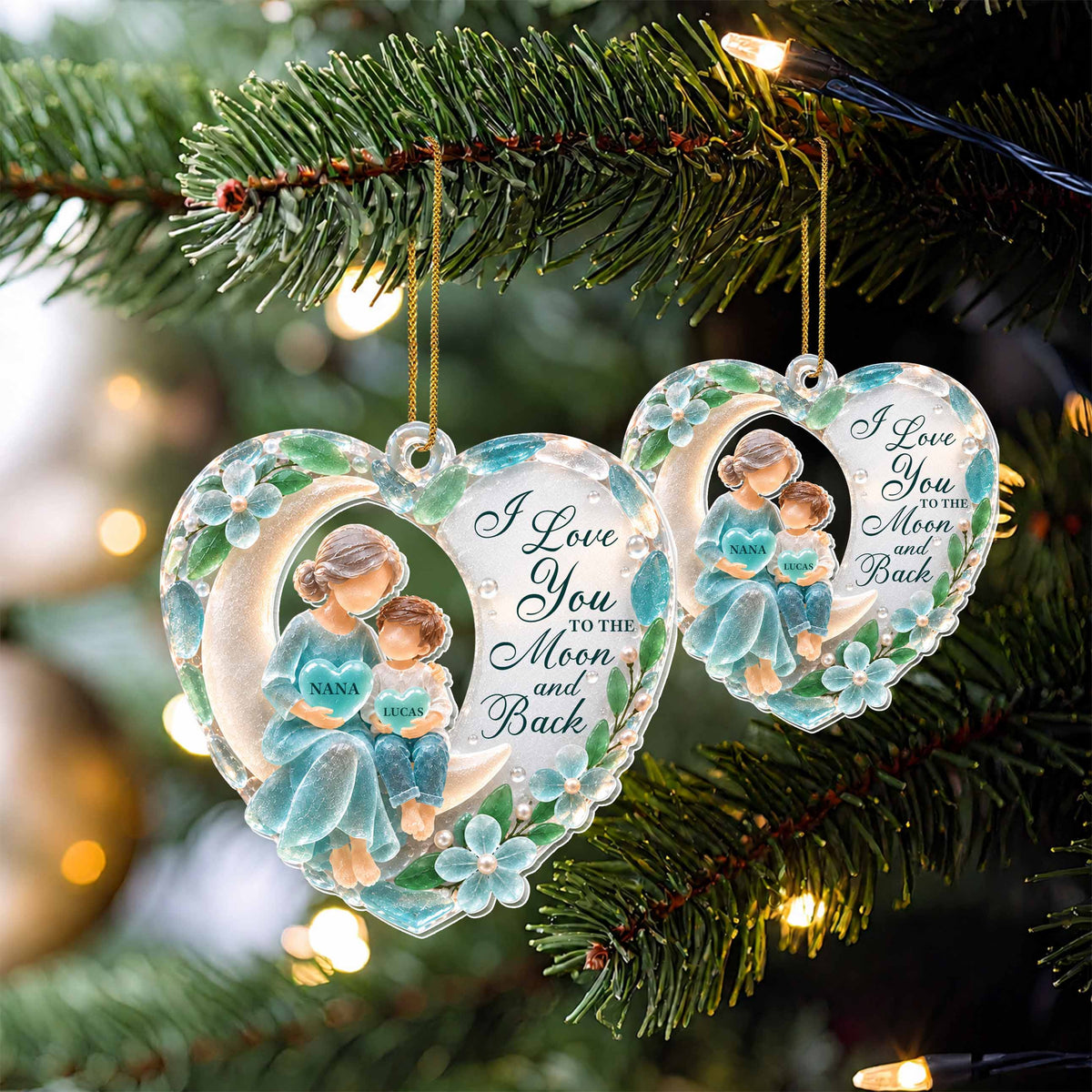 Nana & Grandson Moonlight Keepsake – Personalized Sea Glass Heart Acrylic Ornament, Christmas Gift – GRK002_ACO