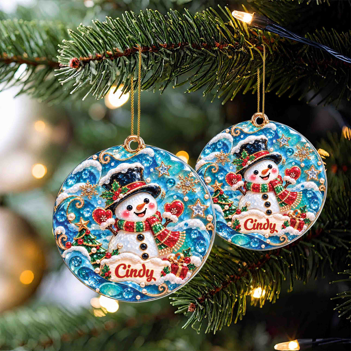 Personalized Snowman Christmas Ornament with Name – Blue Sea Glass-Inspired Acrylic Ornament – Christmas Gift for Kids - XMAS013_ACO