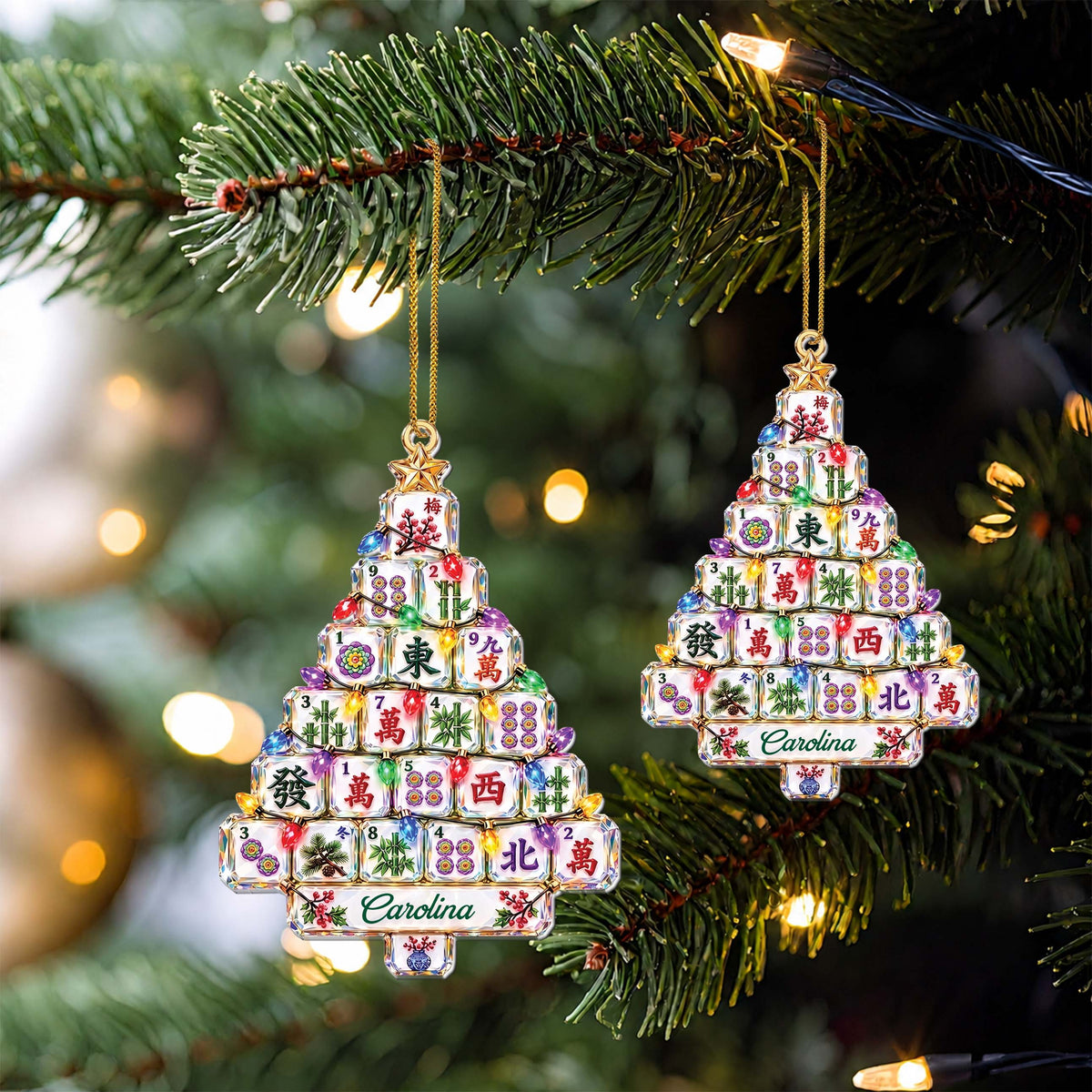 Personalized Mahjong Christmas Tree-Shaped Acrylic Ornament – Custom Name, Mahjong Tiles & Pagoda Design, Gift for Mahjong Lovers - XMAS017_ACO
