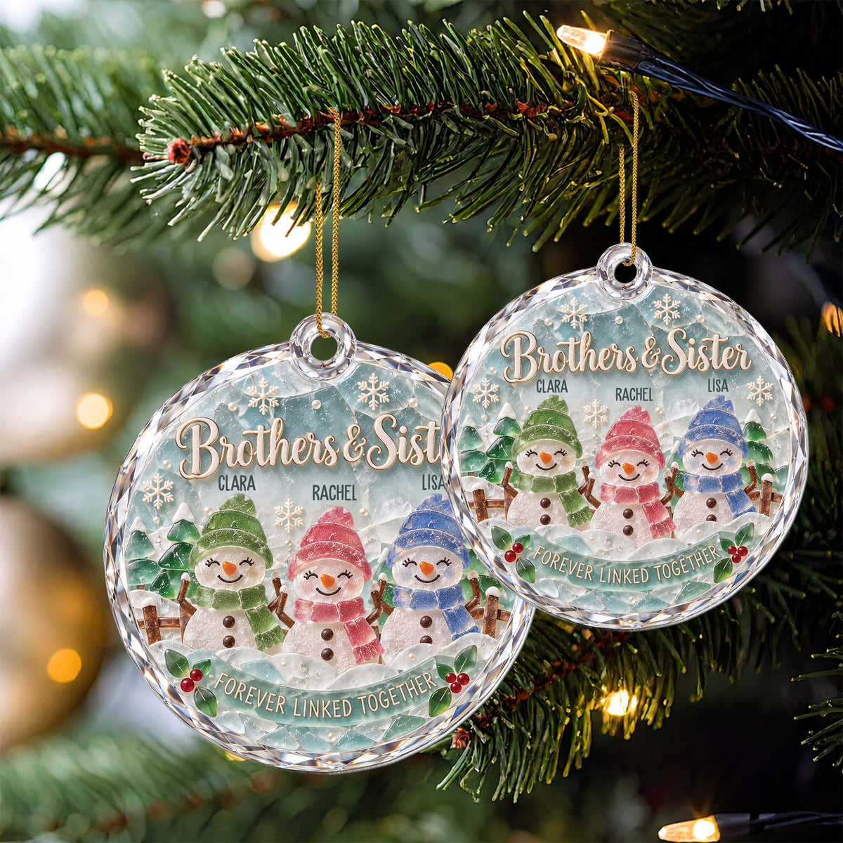 Personalized Sibling Snowman Ornament With Names - Custom Sea Glass-Inspired Acrylic Christmas Ornament, Forever Linked Together Gift for Brothers & Sisters - FAM005_ACO