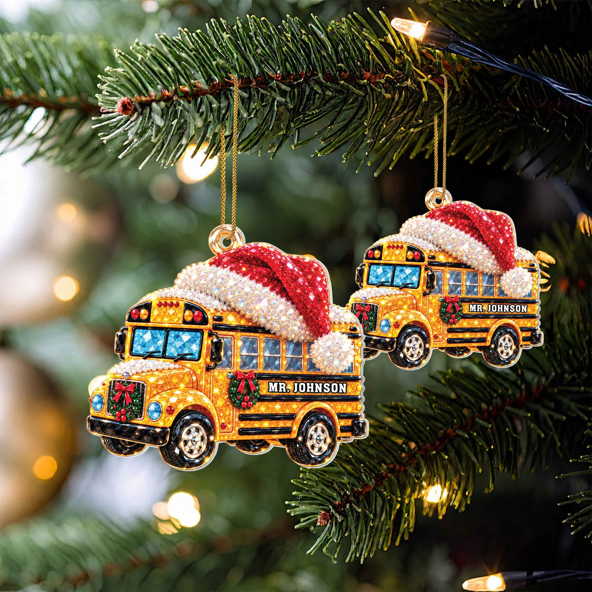 Personalized School Bus Christmas Ornament with Santa Hat & Crystal-Effect Design – White Acrylic Ornament, Bus Driver Gift – JBS005_ACO