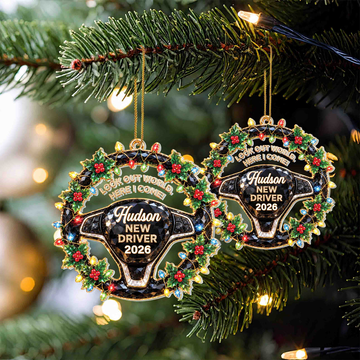 Personalized New Driver Christmas Ornament with Name & Year – Steering Wheel Acrylic Ornament – Christmas Gift for Teen Drivers - XMAS012_ACO