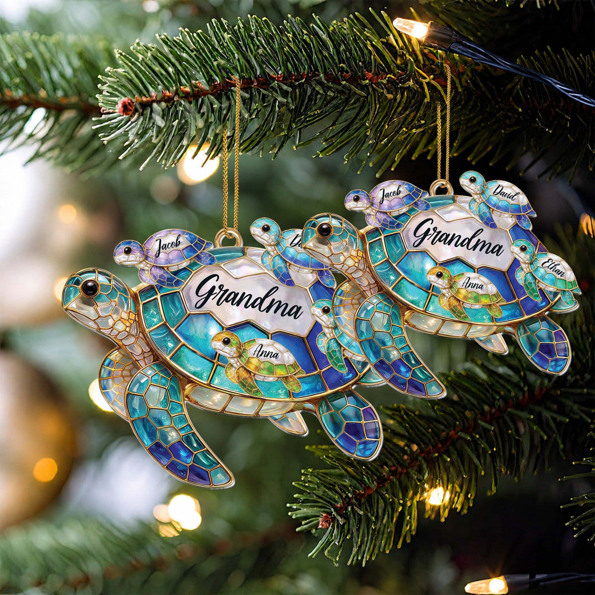 Personalized Grandma Sea Turtle Ornament With Grandkids’ Names - Custom Acrylic Christmas Ornament, Stained Glass-Inspired Turtle Family Gift for Grandma - FAM002_ACO