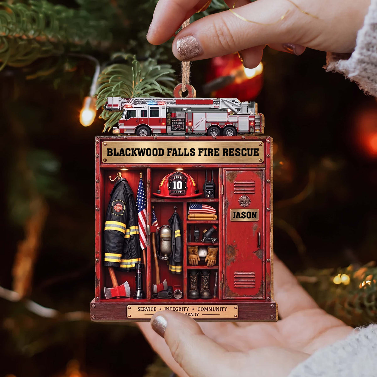 Personalized Firefighter Locker & Fire Truck Christmas Ornament – Custom Shaped Wood Ornament with Name, Firefighter Gift - FIF001_WDO