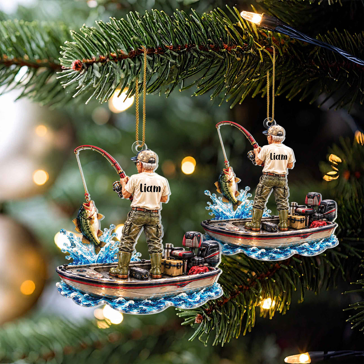 Personalized Fisherman Catching Bass Acrylic Ornament – Custom Name Christmas Tree Holiday Keepsake, Fishing Lover Gift - XMAS023_ACO