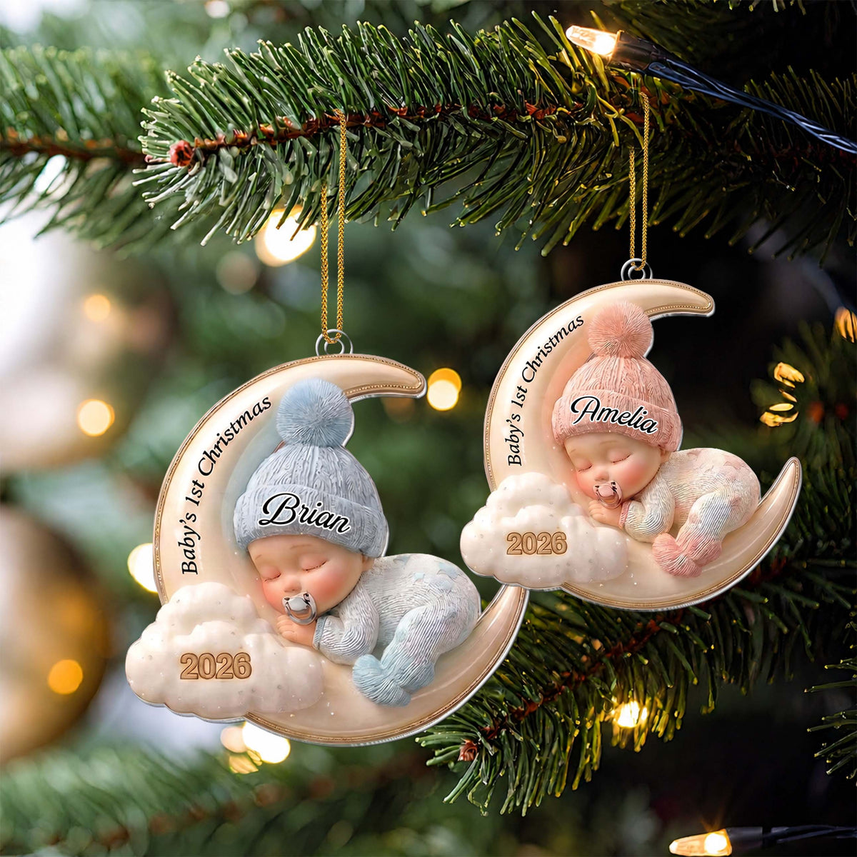 Personalized Baby's 1st Christmas Acrylic Ornament – Custom Name Blue Moon and Cloud Christmas Tree Keepsake, Baby Boy Holiday Gift - XMAS011_ACO