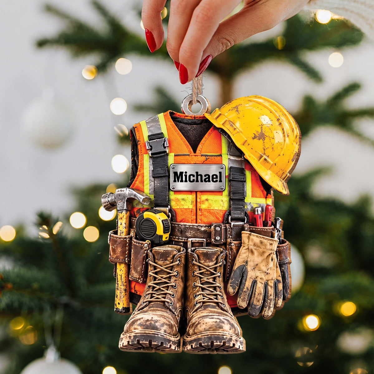 Personalized Construction Worker Wooden Ornament – Custom Name Hard Hat & Vest Christmas Tree Decor, Patriotic Christmas Gift For Handyman - JBS015_WDO