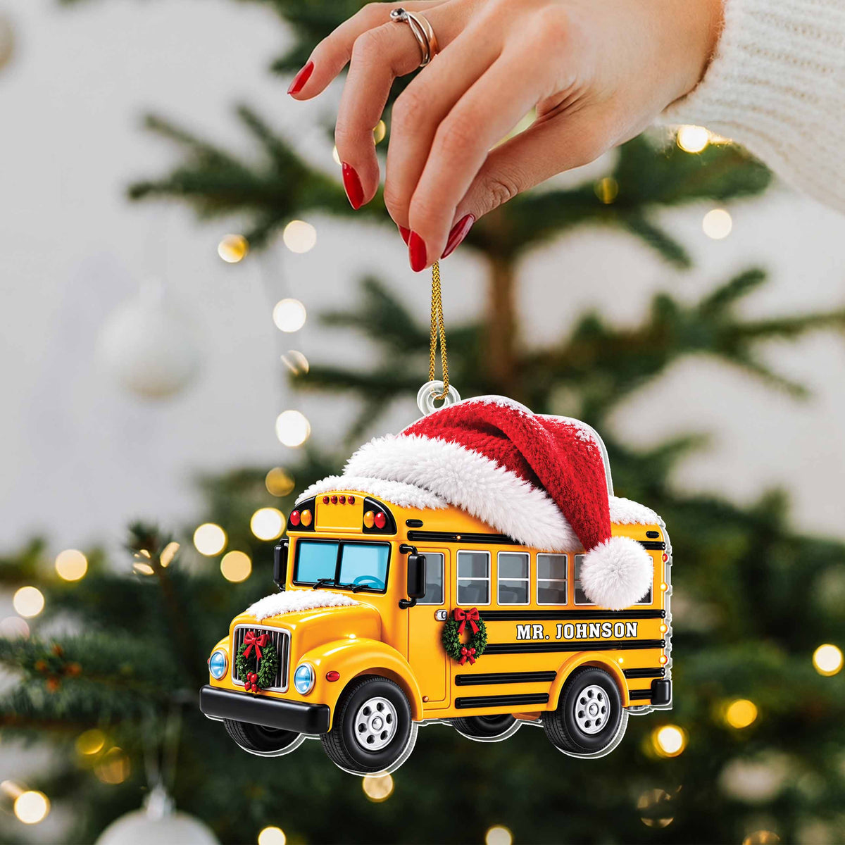 Personalized School Bus With Santa Hat & Christmas Wreath - White Acrylic Ornament - JBS004_ACO