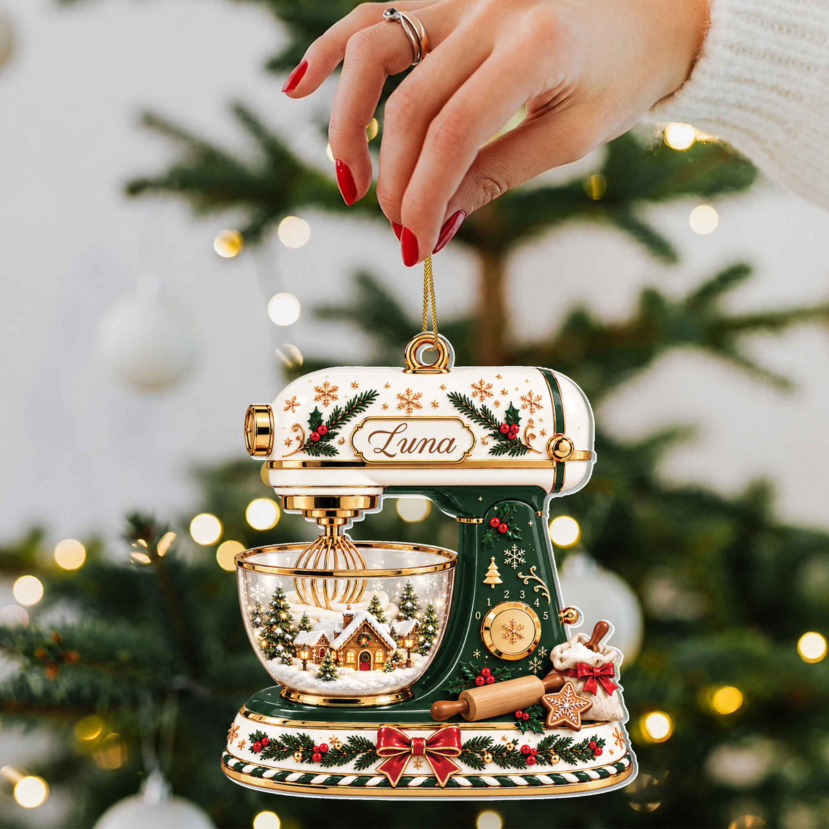 Personalized Stand Mixer Christmas Ornament with Name & Winter Village – Custom Acrylic Ornament, Christmas Gift for Bakers & Baking Lovers - XMAS006_ACO