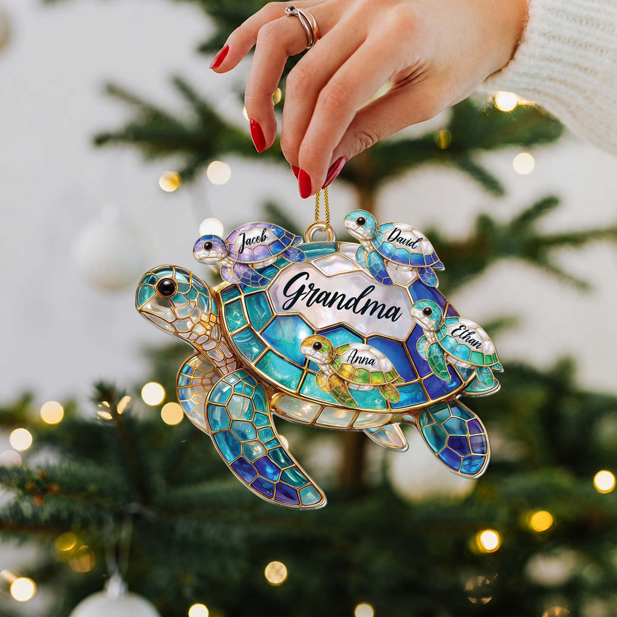 Personalized Grandma Sea Turtle Ornament With Grandkids’ Names - Custom Acrylic Christmas Ornament, Stained Glass-Inspired Turtle Family Gift for Grandma - FAM002_ACO