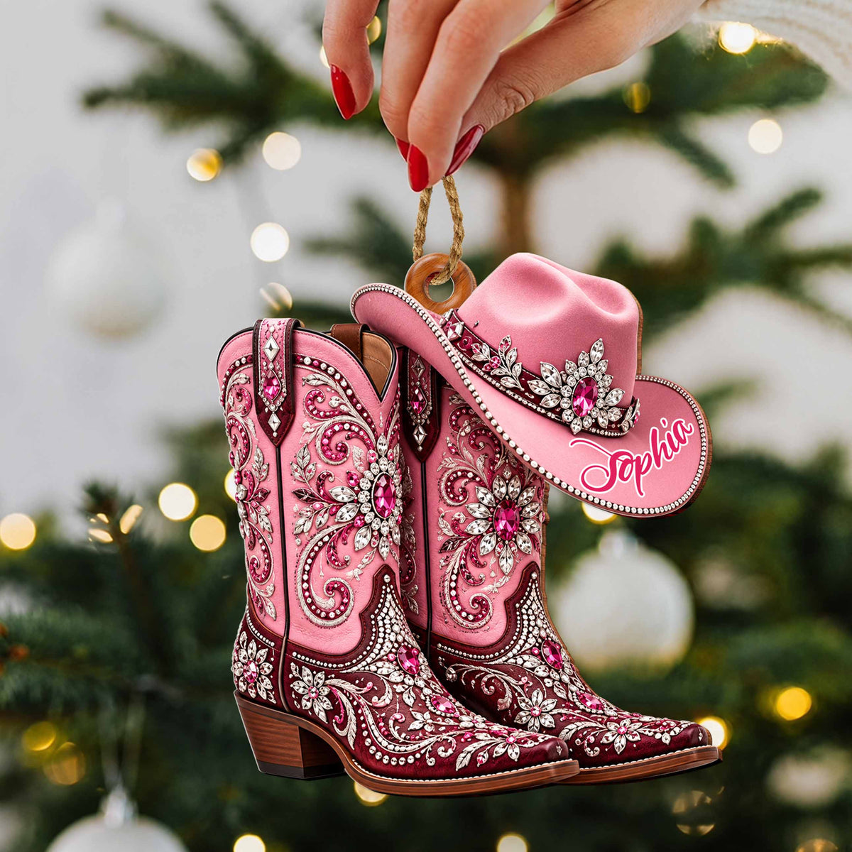 Personalized Pink Cowgirl Boots & Hat Ornament – Custom Western Christmas Ornament, Rhinestone Cowboy Gift for Her – FAM003_WDO