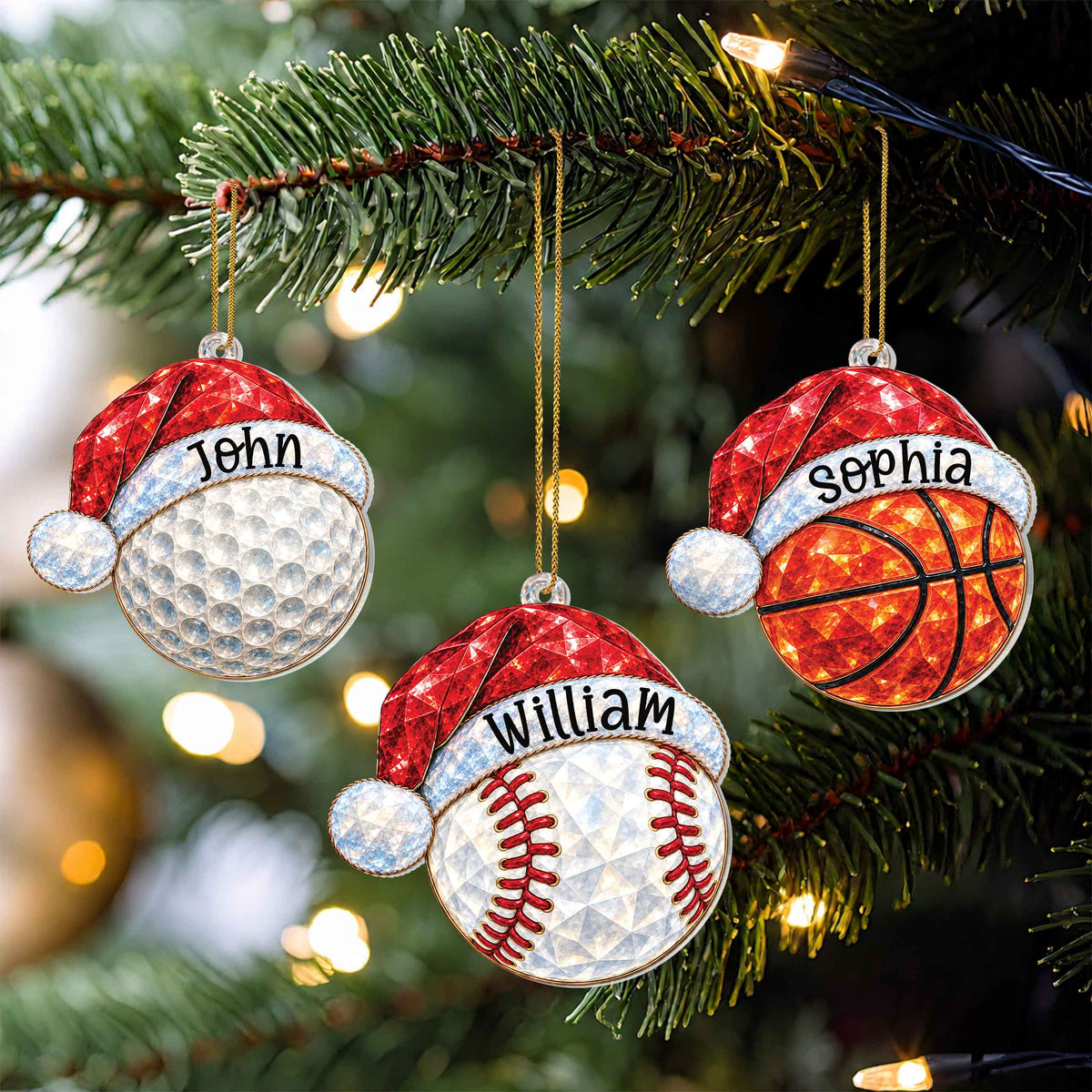 Personalized Sports Ball & Equipment Santa Hat Acrylic Ornament – Custom Name Christmas Tree Holiday Keepsake, Festive Sports Gift - SPT002_ACO