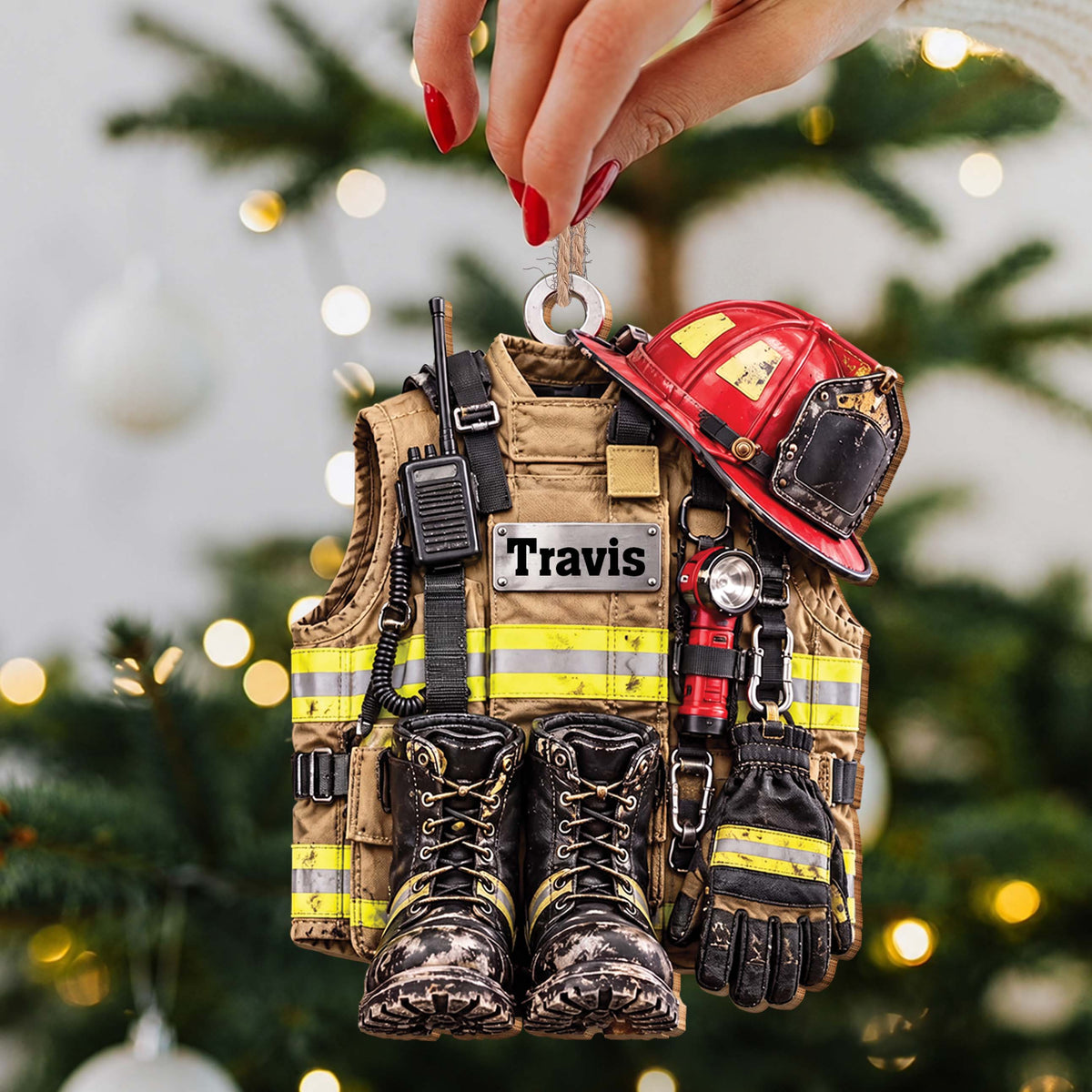 Personalized Firefighter Gear Wooden Ornament – Custom Name Firefighter Christmas Tree Decoration, Holiday Gift for Firefighter - FIF002_WDO