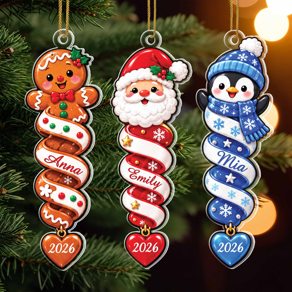 Personalized Christmas Ornament with Name – Santa, Gingerbread & Penguin Spiral Designs – Custom Acrylic Ornament, Christmas Gift for Kids - XMAS003_ACO