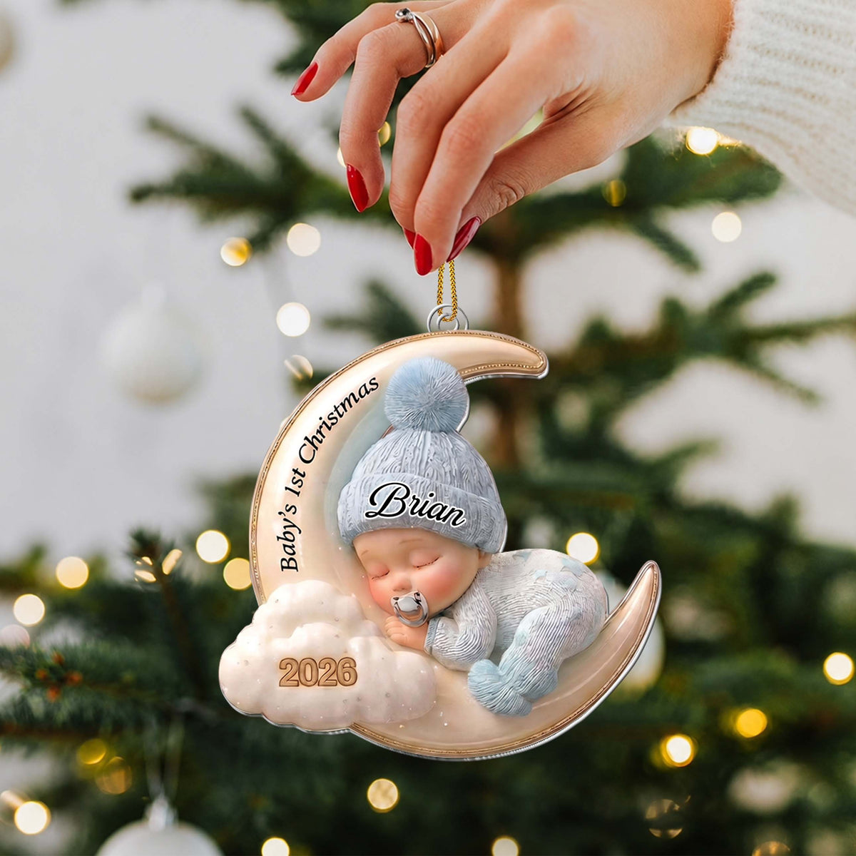 Personalized Baby's 1st Christmas Acrylic Ornament – Custom Name Blue Moon and Cloud Christmas Tree Keepsake, Baby Boy Holiday Gift - XMAS011_ACO